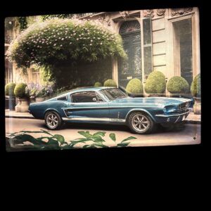 PLAQUE METAL VINTAGE FORD MUSTANG BLEU