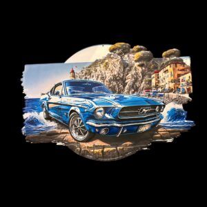 PLAQUE METAL MUSTANG BLEU RELIEF